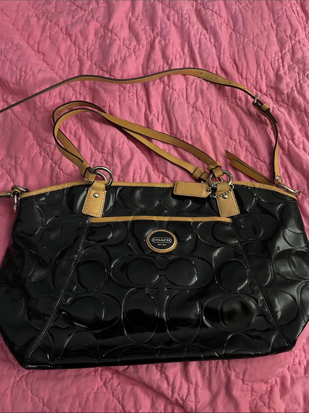 Coach Black Patent Shoulder Bag with Tan Trim
